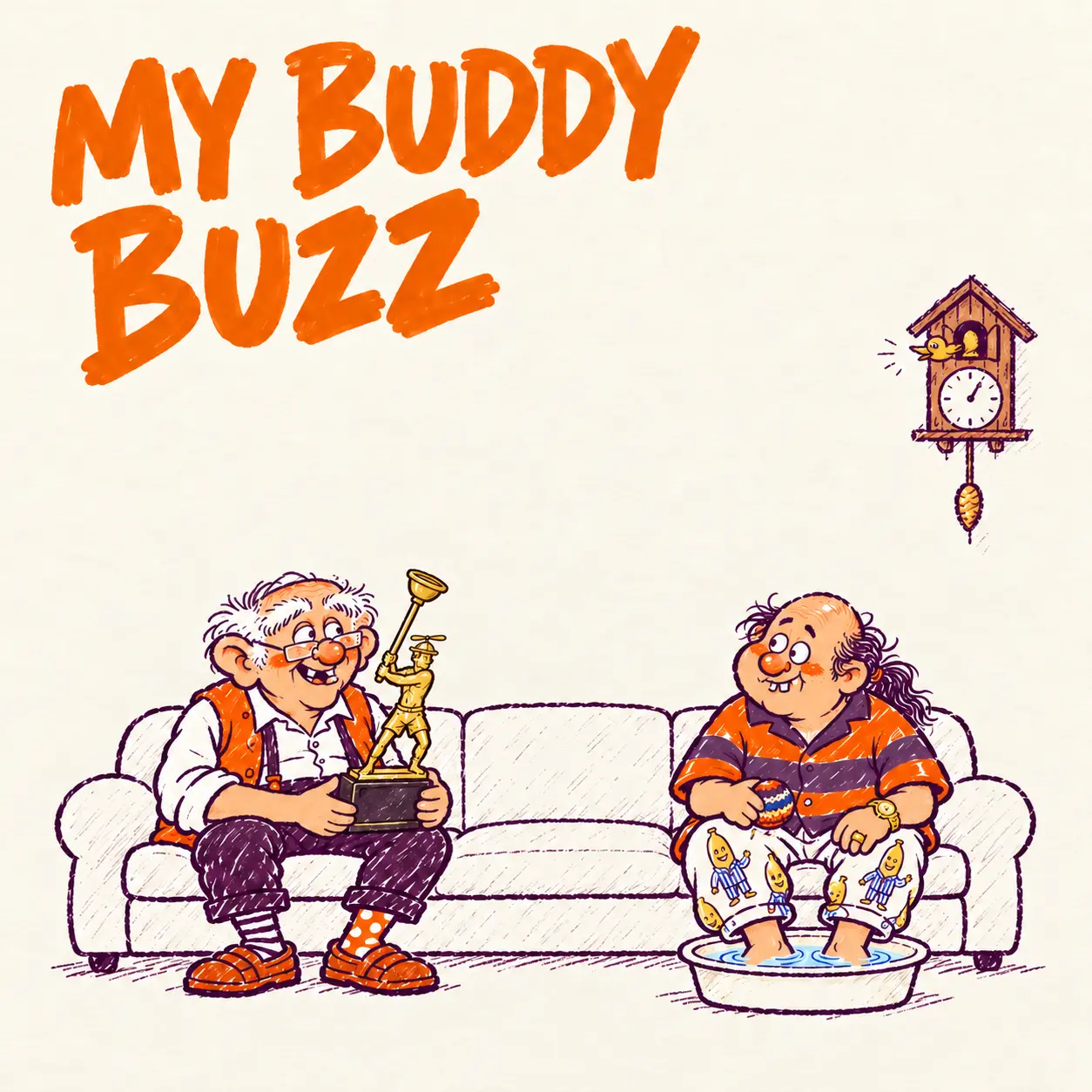 The Narrator and Buzz on a wide couch: a brass plunger trophy, banana pajamas, a hacky sack, and a foot bath. A cuckoo clock hangs above.